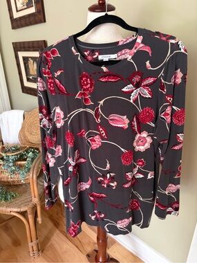 Chico's Sz 3/XL Touch of Cool Lt Black Long-Sleeve Top in Red & Pink Floral